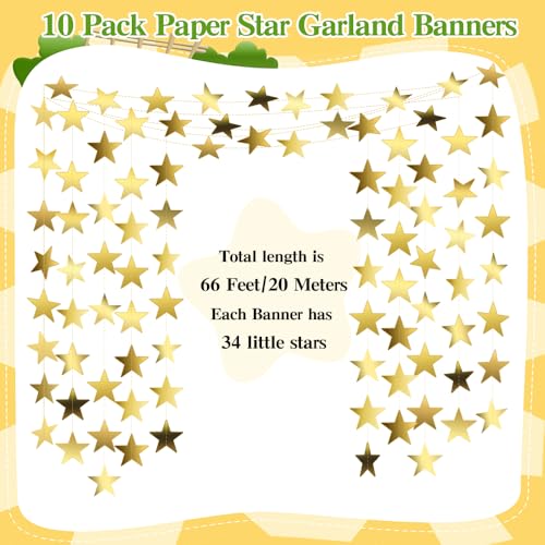 Image of Star Garland, Gold Star Garland Banner, 10PCS 132 Feet Double Side Star Hanging Bunting Banner Backdrop Little Star Paper Hanging Decor for Birthday Wedding Christmas Graduation Party Decorations