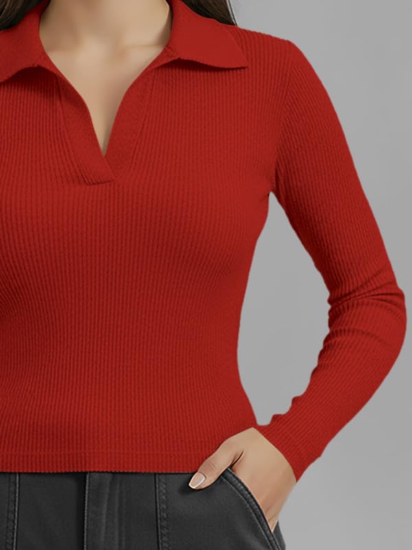 Image of Dream Beauty Fashion Women's Collared Neck Long Sleeve Slim Fit Casual Tee Top for Woman