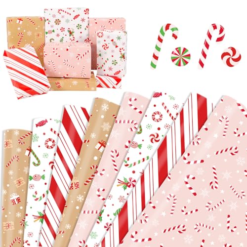 DPKOW Papel de presente de doces de Natal, 8 folhas de papel embrulho Natal Wrapping Paper, artigos para festas de bengala de doces presentes de aniversário Natal, 70 x 50 cm
