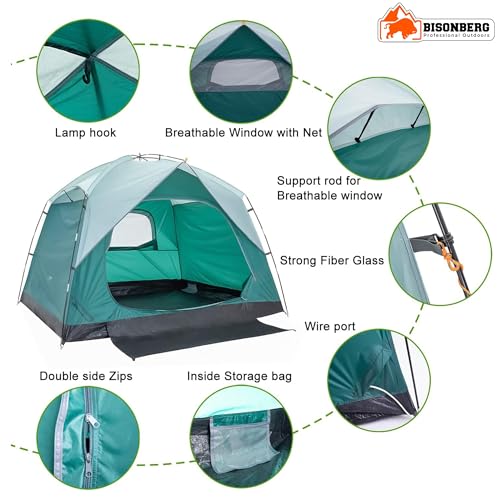 Image of BISONBERG 4-Person Camping Tent, Waterproof PU 1500mm, Breathable with Rain Fly, for Family Outdoor Adventures