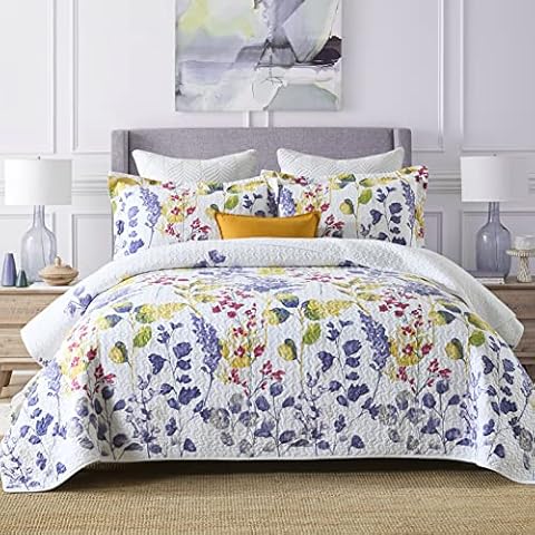 Finlonte Floral Queen Size Quilt, Cotton Quilt Purple Yellow Floral Leaves Queen Quilt, Lightweight Soft Quilts Queen Size for All Season, 3 Pieces Cover