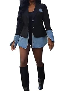 Molisry Womens Blazer Business Casual Patchwork Long Sleeve Button Down Open Front Work Denim Jean Jacket