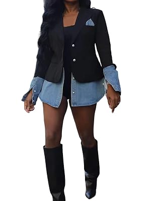 Molisry Womens Blazer Business Casual Patchwork Long Sleeve Button Down Open Front Work Denim Jean Jacket