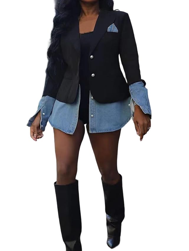 Molisry Womens Blazer Business Casual Patchwork Long Sleeve Button Down Open Front Work Denim Jean Jacket