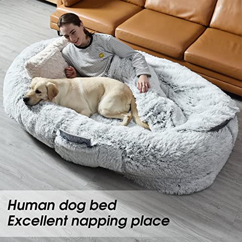 Yaem Human Dog Bed, 71"X45"X14" Dog Beds For Humans Size Fits You And Pets, Washable Faux Fur Human Dog Bed For People Doze Off, Napping Orthopedic Dog Bed, Present Plump Pillow, Blanket, Strap-Grey #TOP1