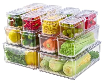 JollyPack 14 Pack Fridge Organizers, Refrigerator Organizer Bins with Lids, BPA Free Stackable Fruit Storage Containers for Fridge, Vegetables, Food and Drinks