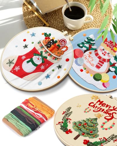 Image of TINDTOP Christmas Embroidery Kit for Adult, 5 Pack Embroidery DIY Starter Kit, with Stamped Patterns, Hoop, Tools, Colorful Threads with Needles, Instructions | 5 Pack with Stamped Patterns, Hoop, Tools, Colorful Threads with Needles, Instructions