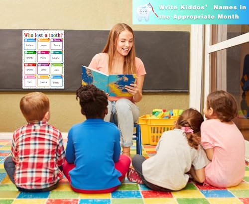 Image of BIZIBAFF Who Lost A Tooth Chart Poster - Confetti Who Lost A Tooth Posters for Classroom Bulletin Board Lost Teeth Calendar Learning Chart Decorations for Elementary Classrooms Teacher Supplies