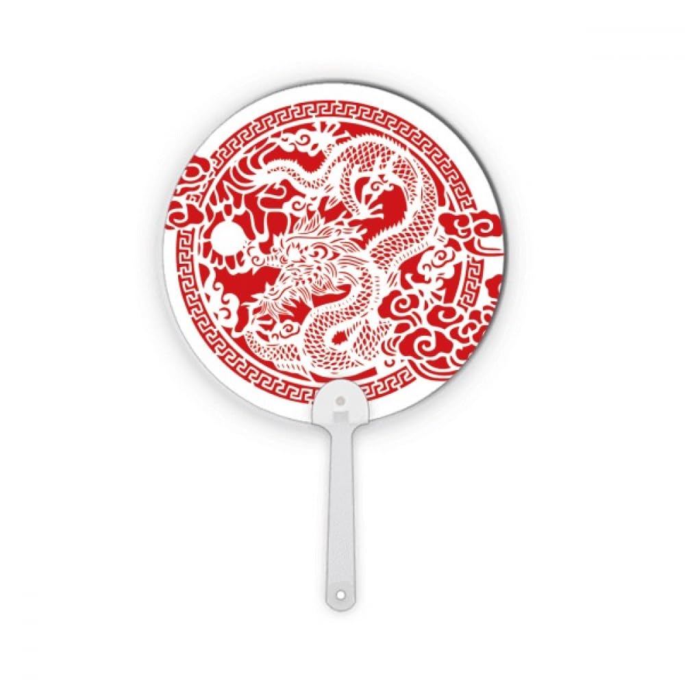 Éventail rond chinois plastique dragon rouge accessoire été