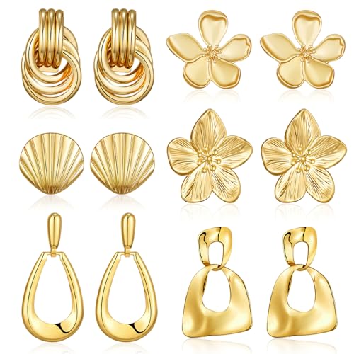 AIDSOTOU Chunky Gold Earrings For Women Trendy Statement Gold Plated Flower Shell Knot Dangle Earrings Lightweight Hypoallergenic Fashion Jewelry Set