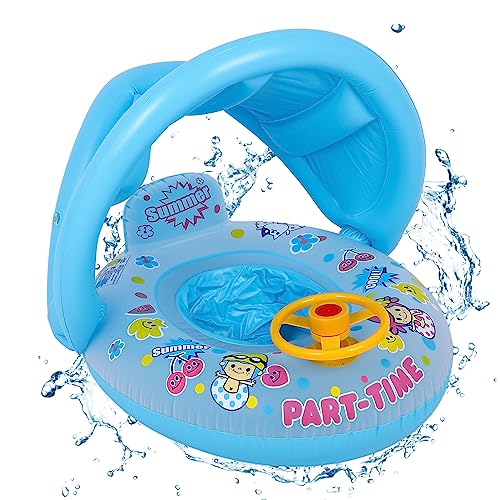 Flotador Inflable de Natación para Bebé,Flotador de Natación con Dosel,Anillo de Natación para Bebés con Volante UPF50+ Protección Inflable Flotador de Natación para bebés 1 a 6 Años Natación (Azul)