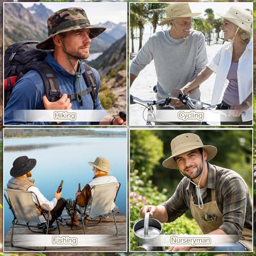 Image of 4 Pack Boonie Safari Hats for Men Women, Wide Brim Sun Hats with Chin Strap for Fishing Hiking Lightweight