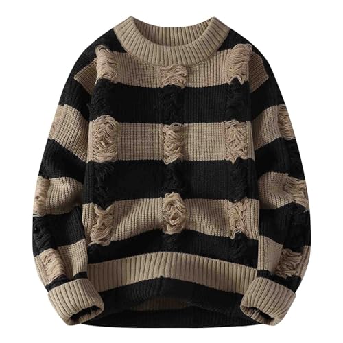 Mens Color Block Striped Sweater Oversized Long Sleeve Crew Neck Sweater Thicken Hollow Out Pullover Sweaters