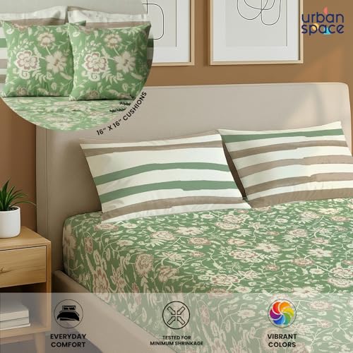 Image of Urban Space 144 TC Divine 100% Cotton Bedsheet for Double Bed with 2 Pillow Covers and 2 Cushion Covers, Queen Bedsheet (Size 90 x 100 inches, Viola Sage Green, Double)