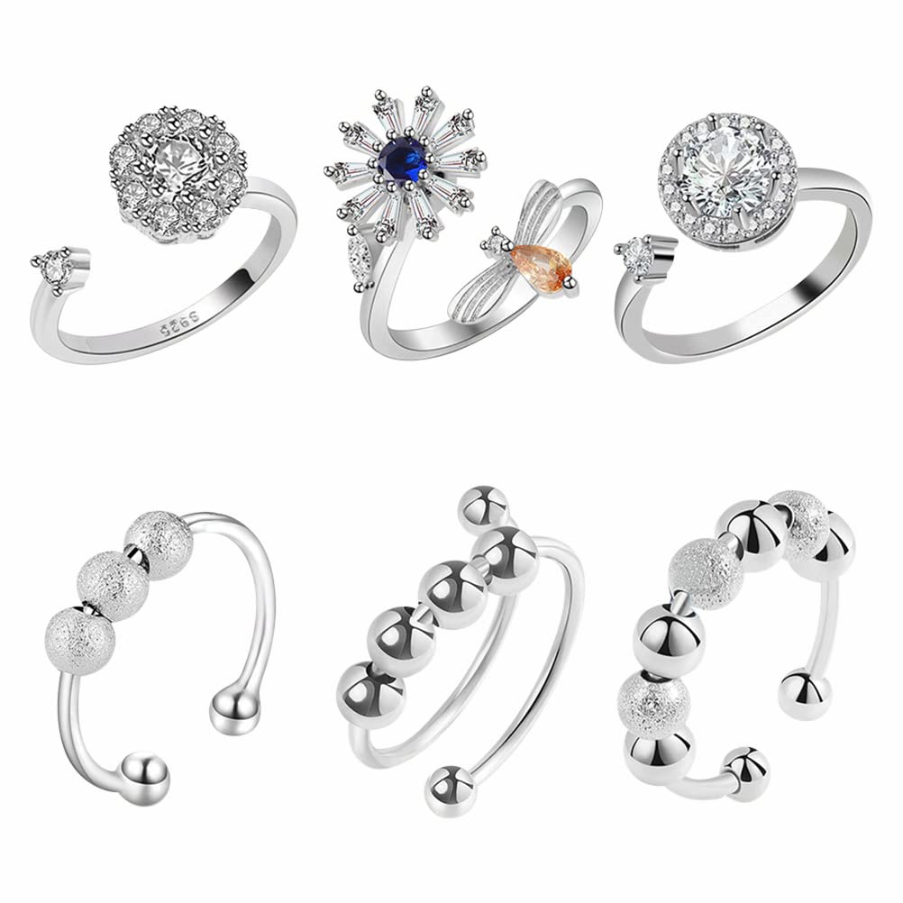 BFUZXY Anillo Antiestrés Ajustable Con Cuentas Giratorias – Plata, De Acero Inoxidable, Ideal Para Relajar Y Concentrarse