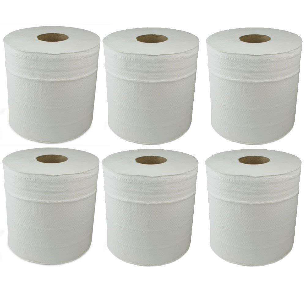 White 6 X Paper Rolls - 2 Ply Embossed Centre Feed - Hand Kitchen Towel Tissue Rolls