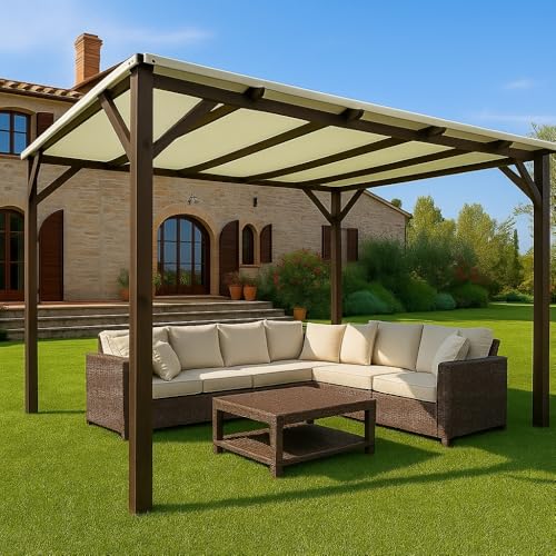 Pergola in Legno 3×4 m Nuvola – Colore Noce, con Copertura Ombreggiante Avorio – Pino Impregnato in Autoclave – Kit Montaggio Incluso – Struttura da Giardino Resistente