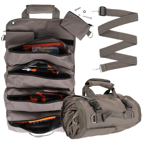 Werkzeug-Organizer-Tasche, faltbar, aufrollbar, strapazierfähig, Werkzeugtasche für Mechaniker, mit 2 abnehmbaren Taschen, Geschenke für Väter, Männer, Geburtstag, Vatertag, Grau