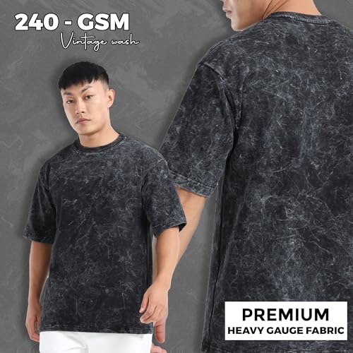 Image of fanideaz Mens 240 GSM Heavy Cotton Acid Wash Oversize T-Shirt Half Sleeve Round Neck Drop Shoulder Oversize Fit