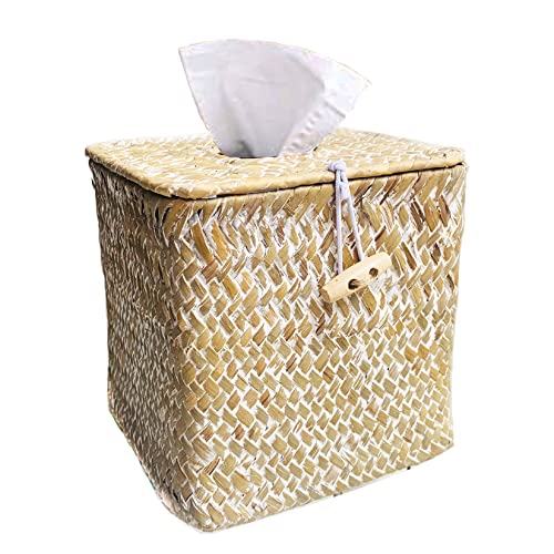 KiaoTime Shabby Chic Natural Wicker Rattan Tissue Box Cover Holder, Rustic Square Woven Tissue Paper Cube Box Cover Case, Decorative Tissue & Napkin Holder Dispenser for Table, Bathroom (White)