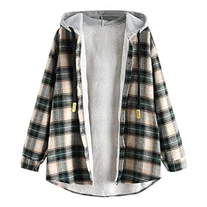 ZAFUL Women’s Plaid Fleece Lined Hooded Jacket Button Up Oversized Fuzzy Coat Checkered Flannel Hoodie Jacket