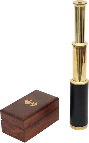 Miniatura 5 de Telescopio de latón antiguo con caja de palisandro náutico de 6 pulgadas de barril único Spyglass pirata Finderscope para observación de aves,