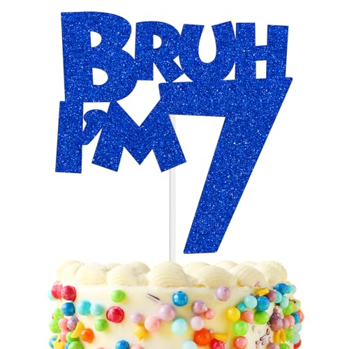 Hequoyer Blue Glitter Bruh I'm 7 Cake Topper, It's My Birthday Bro, Cheers to 7 Years/Hello 7 for Big Brother, Happy 7th Birthday Party Decorations Supplies for Kids Boys