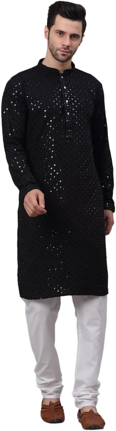 JompersMen Chikankari Embroidered and Sequence Kurta with Churidar