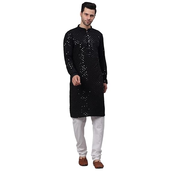 Men Chikankari Embroidered and Sequence Kurta with Churidar