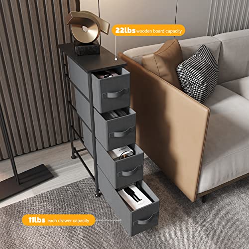 Sehloran Narrow Dresser Storage Tower Stand With 4 Removable Slim Fabric Drawer, Chests Of Drawers, Dresser Organizers Unit For Bedroom, Entryway, Closets, Wood Top, Gray #TOP4