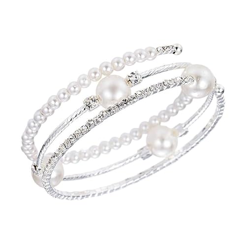 Caiyao Imitition Pearl Stretch Bracelet Layers Stackable Bangle Bracelet Crystals Pearl Elastic Wristband for Women Wedding Jewelry-Sytle 9 Silver
