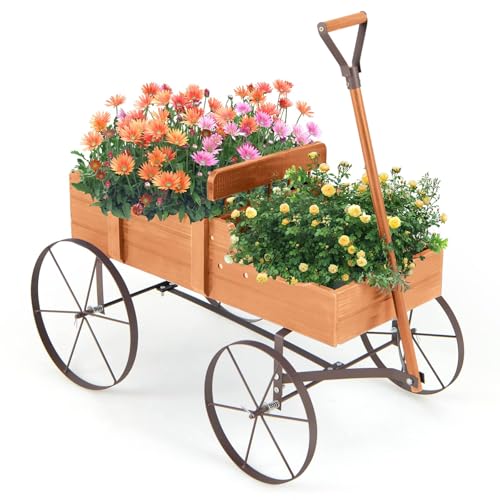 RELAX4LIFE Carriola Porta Fiori/Carrello dei Fiori/Fioriera in Legno di Abete con Ruote e Maniglia Regolabile e Portata di 15 kg, per Esterno e Interno (Arancio, 62x34x60 cm)