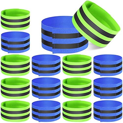 Gejoy 16 Pieces Reflective Bands Reflector Bands for Wrist, Arm, Ankle, Leg, High Visibility Reflective Gear Safety Reflector Tape Straps for Night Walking, Cycling and Running (Green, Blue)
