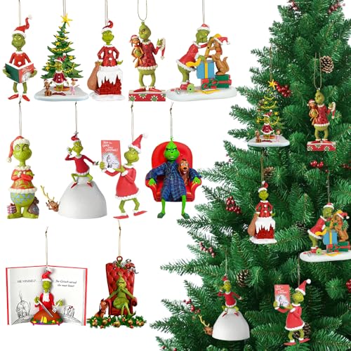 Afenau Grin-ch Decoraciones de Navidad, 11 Piezas Adornos de Navidad, 2D Acrylique Decoración de Navidad Grinch, Adornos para Arbol de Navidad para El Hogar, Escuela, Fiesta de Vacaciones