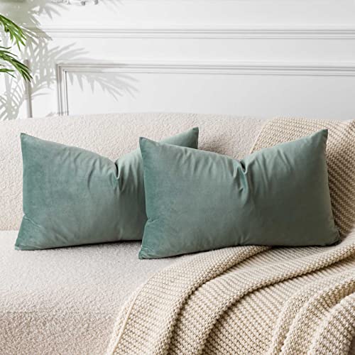 Image of JUSPURBET Sage Lumbar Velvet Throw Pillow Covers 16x24 inch Set of 2 for Living Room Couch Sofa Bedroom Decorative Rectangle Solid Soft Cushion Cases with Invisible Zipper
