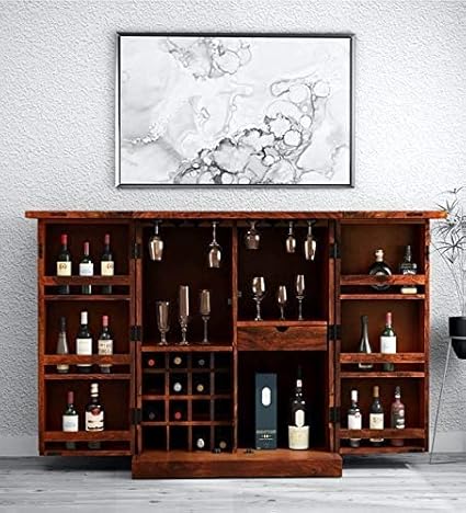 T.G. Furniture Sheesham Wood Wooden Bar Cabinet for Home Mini Bar Cabinet Wine Storage Rack with Drawer & Glass Holder- Honey Finish