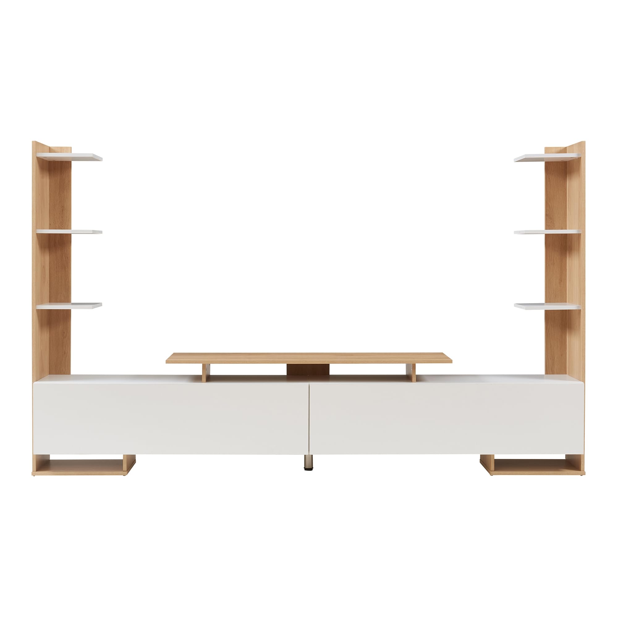 [en.casa] TV Schrank Rauki Lowboard mit 2 Seitenregalen Fernsehschrank 233 x 31 x 141 cm TV Board mit 1 offenen Fach und 2 Türen TV Kommode Fernsehtisch Weiß/Eicheoptik