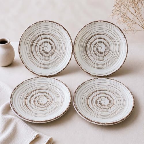 Image of The Earth Store Brown Spiral Ceramic Quarter Plate Set of 4 - 7.5 Inch Ceramic Plate | Microwave & Dishwasher Safe Ceramic Snack Plate | Small Plate for Snacks, Desserts & Appetizers
