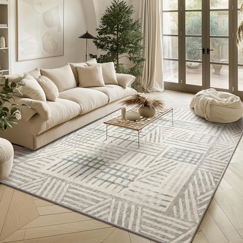 Image of Area Rug 5x7 Abstract Geometric Textured Brushstroke - Neutral Gray & Light Blue Modern Minimalist Area Rug, Decorative Carpet for Living Room Bedroom Home Decor