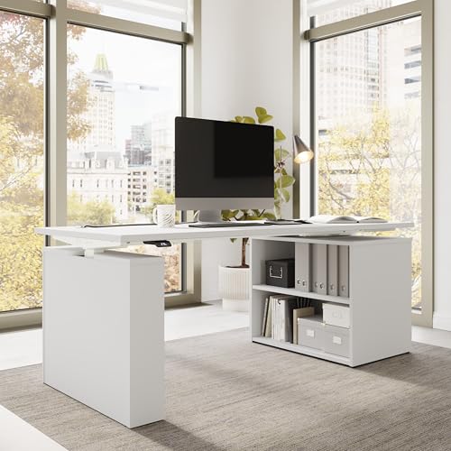 Image of Bush Business Furniture 72-inch Electric Height Adjustable Standing Desk with Bookcase, Ergonomic Sit-Stand Computer Table for Office, Stratus Collection, White with White Base