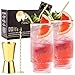 Produktbild Vemacity Geriffelte Gin Tonic Gläser Set mit Goldrand | 2 Highball Longdrinkgläser, Barlöffel, Spirituosen-Messbecher, 2 Metallstrohhalme | Rezept PDF | Cocktailgläser | Gin Geschenk |Gin Glas Set