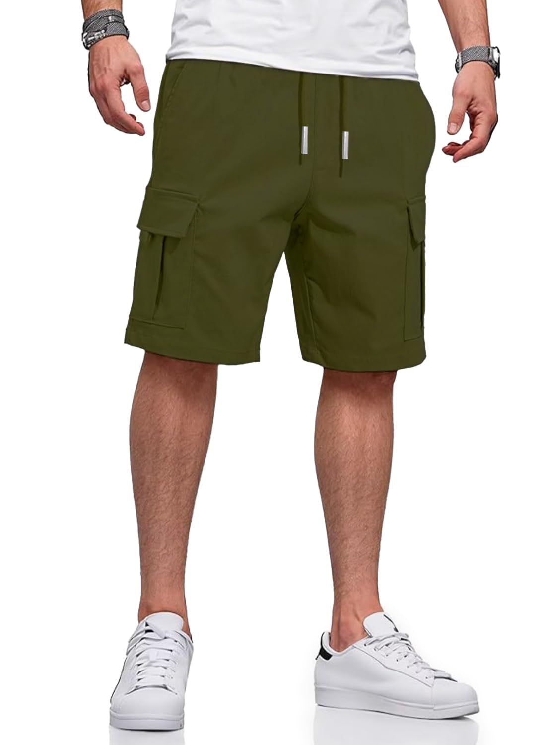 HUNGSON Mens Cargo Shorts Drawstring Classic Chino Stretch 9" Inseam Short with 6 Pockets
