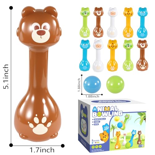 Tasdusa [Brand Name Animal Bowling Set for Toddlers 2-5 - Montessori Educational Toys, Birthday Gifts for 2 3 4 5 Year Old Boys & Girls, Indoor Motor Skills Game with 10 Pins & 2 Balls - Thumbnail 3