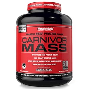 MuscleMeds CARNIVOR Mass Gainer Beef Protein Isolate Shake, 50 Grams Protein, 125 Grams Carbs, 0 Fat, 0 Sugar, Lactose Free, Cookies & Cream, 6 Pound