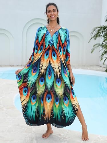Image of IMAGEKOPE Women's Plus Size Animal Print V-Neck Batwing Kaftan Beach Dress Bathing Suit Cover-Up Loungewear