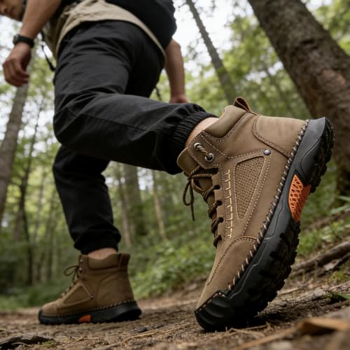 Image of 2026 Upgrade Mens Handmade Leather Boots, Waterproof Wide Toe Casual Footwear, Lightweight Breathable Outdoor Walking Shoes With Arch Support, Non Slip Durable Boots For Work Hiking Daily Use