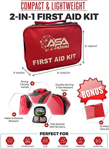 ASA Techmed 2-in-1 First Aid Kit (120 Piece) + Bonus 32-Piece Mini First Aid Kit: Compact, Lightweight for Emergencies at Home, Outdoors, Car, Camping, Workplace, Hiking & Survival