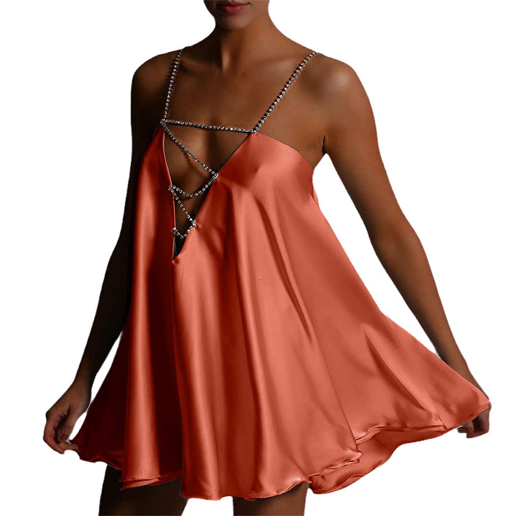 Sexy Kleid mit Kette aus Satin, niedriger Rücken, mit Kristall-Trägern und Hals, für Partys und Clubs., Orange, S