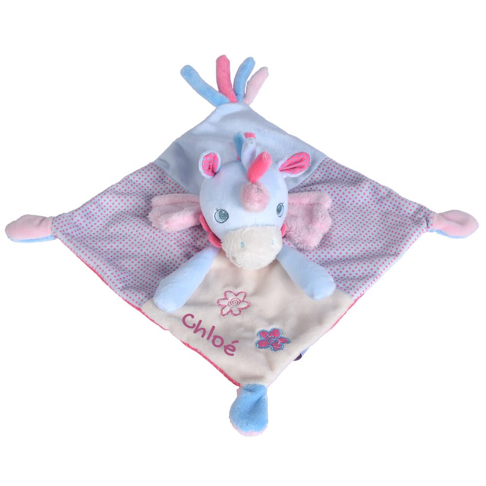 Doudou Licorne personnalisé avec Le prénom de bébé, en Velours Doux, Cadeau de Naissance baptême (Ciel Forme carré)