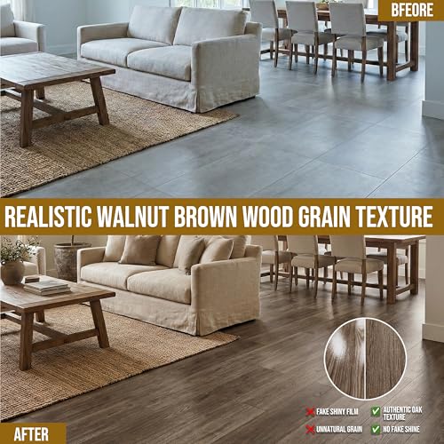 Image of Waterproof Peel and Stick Floor Tile, 54 Sq.Ft Walnut Brown Vinyl Wood Flooring, Easy DIY-Install & Durable for Kitchen, Bedroom, Bathroom, RVs, Rental-Friendly (36-Planks 6 inchx36 inch)